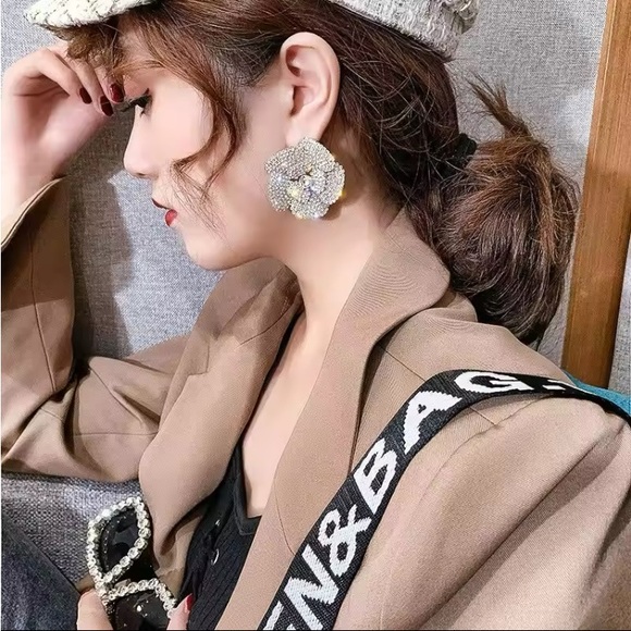 Large Sterling Silver CZ Floral Earrings - Picture 2 of 2